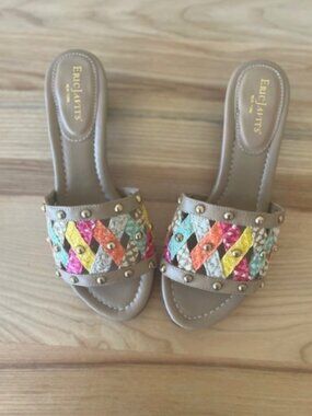 Eric Javits New York Studded Multicolor Woven Slide Sandals – Size 6.5